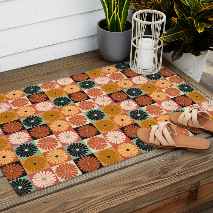 Retro Flowers Check Pattern XVI Outdoor Rug Gallery Image 2