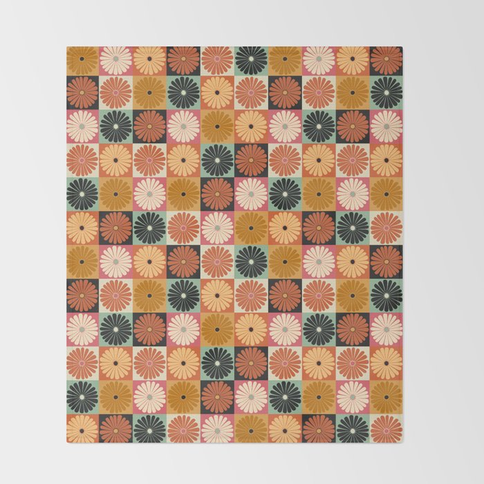 Retro Flowers Check Pattern XVI Throw Blanket Gallery Image 2