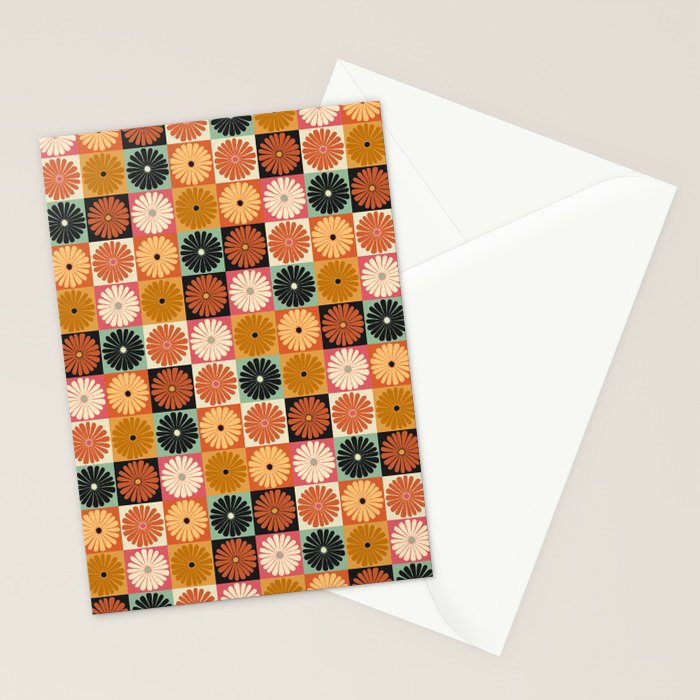 Retro Flowers Check Pattern XVI Stationery Card Gallery Image 2