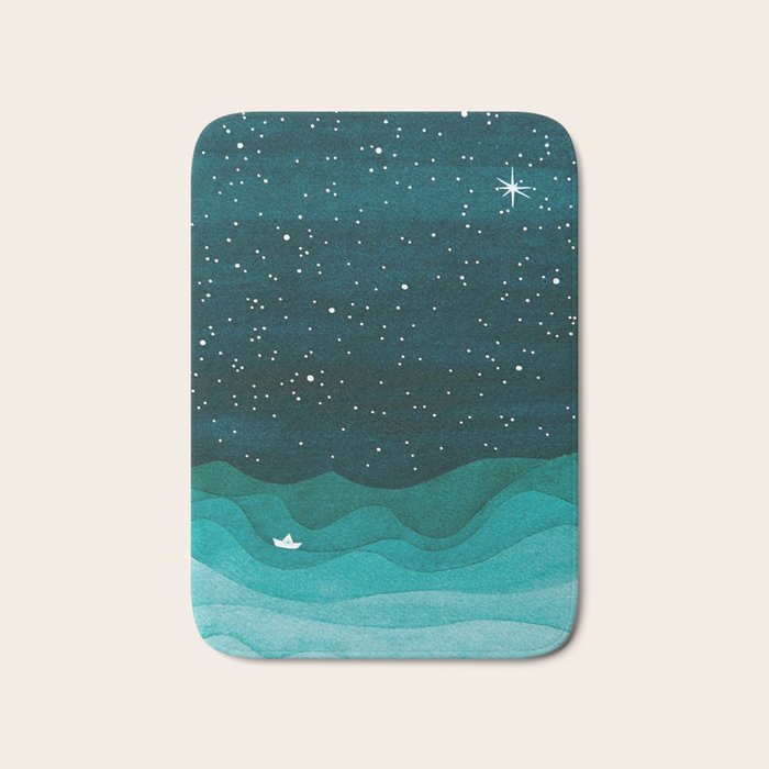 Starry Ocean, teal sailboat watercolor sea waves night Bath Mat Gallery Image 1