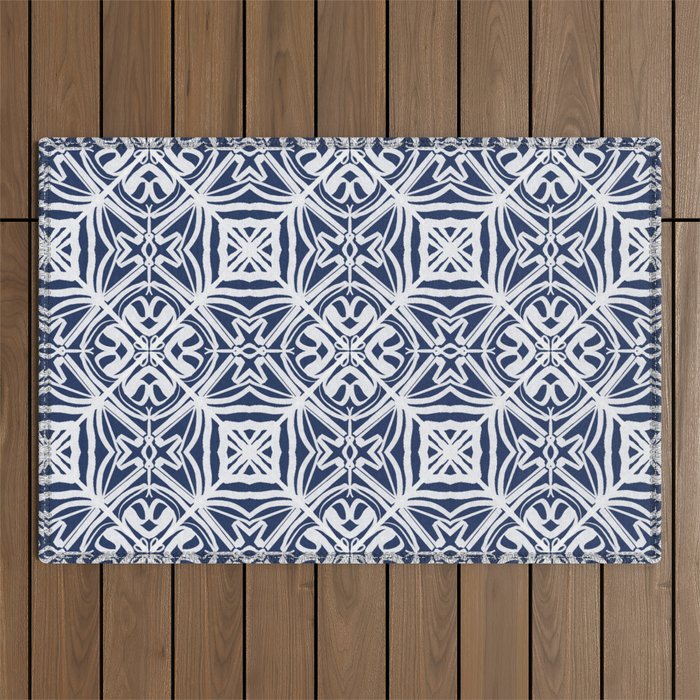 Blue tile brushstroke pattern Outdoor Rug Gallery Image 1