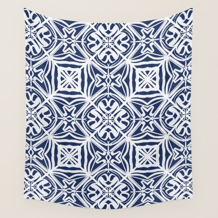 Blue tile brushstroke pattern Wall Tapestry Gallery Image 1