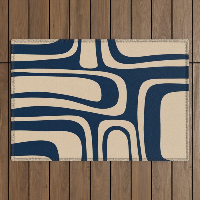 Palm Springs Mid Century Modern Abstract Pattern in Mid Mod Beige and Dark Blue Outdoor Rug Gallery Image 1