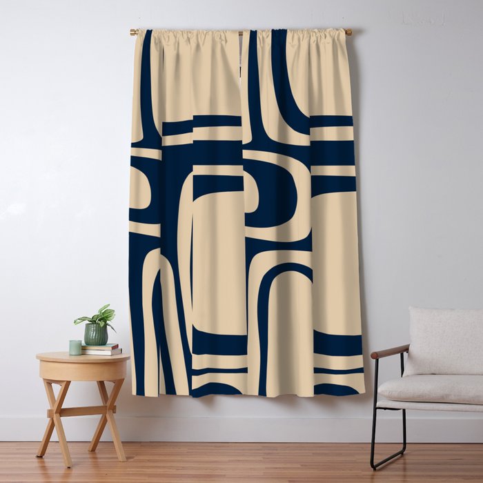Palm Springs Mid Century Modern Abstract Pattern in Mid Mod Beige and Dark Blue Window Curtain Gallery Image 5
