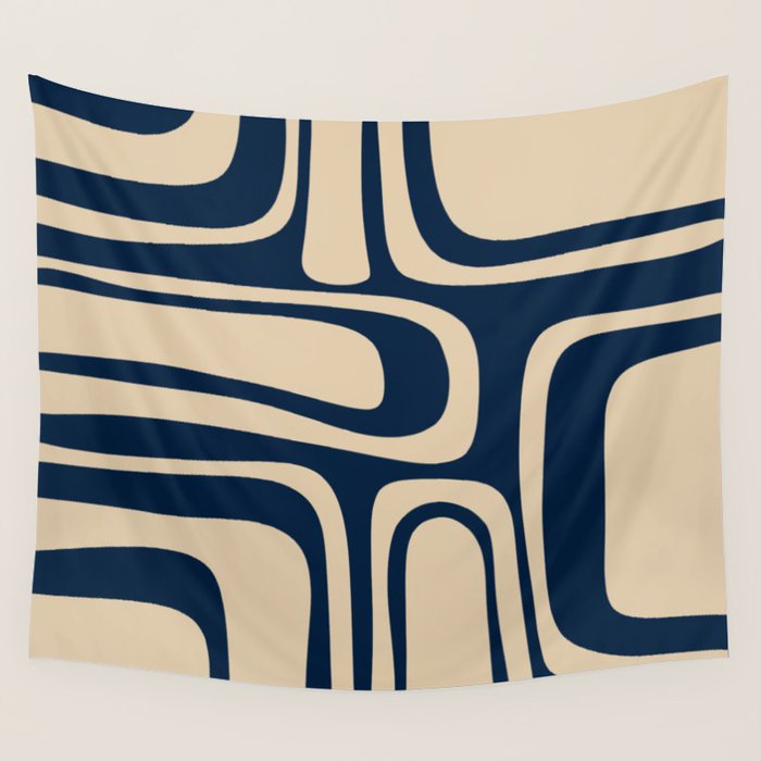 Palm Springs Mid Century Modern Abstract Pattern in Mid Mod Beige and Dark Blue Wall Tapestry Gallery Image 4