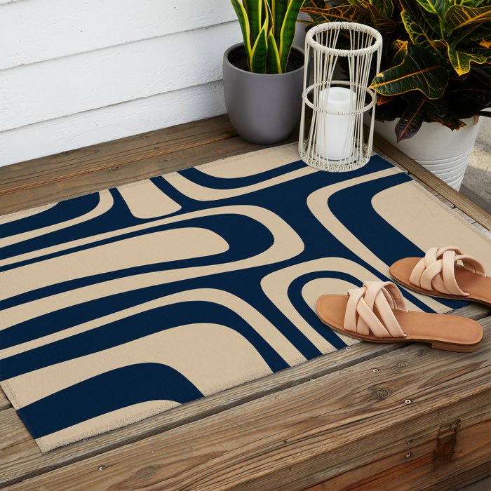 Palm Springs Mid Century Modern Abstract Pattern in Mid Mod Beige and Dark Blue Outdoor Rug Gallery Image 2