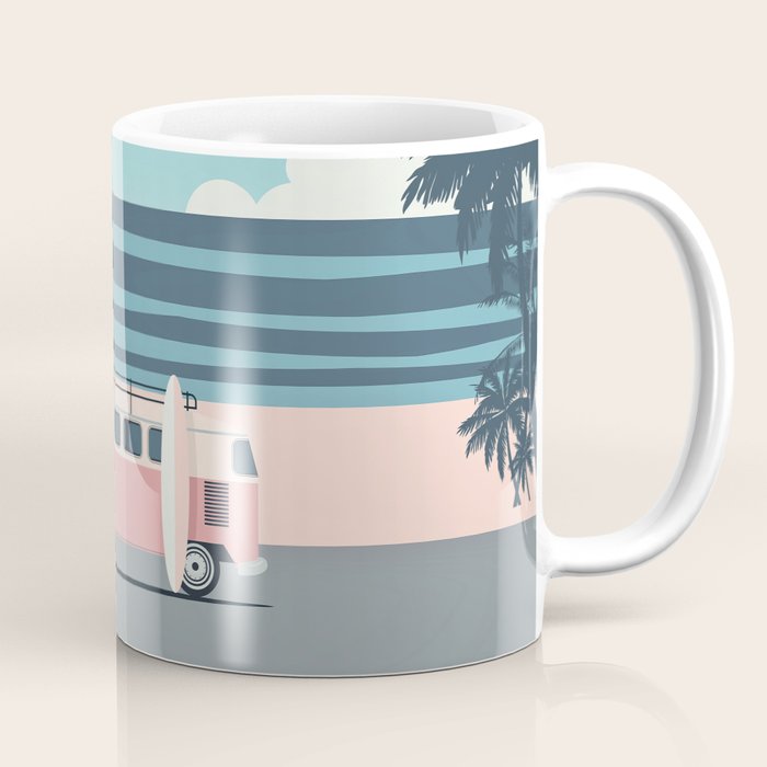 Surfer Graphic Beach Palm-Tree Camper-Van Art Coffee Mug Gallery Image 1