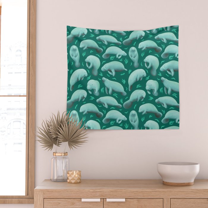 manatees (teal) Wall Tapestry Gallery Image 2