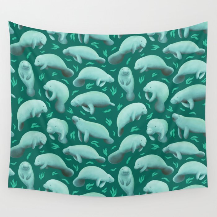 manatees (teal) Wall Tapestry Gallery Image 4