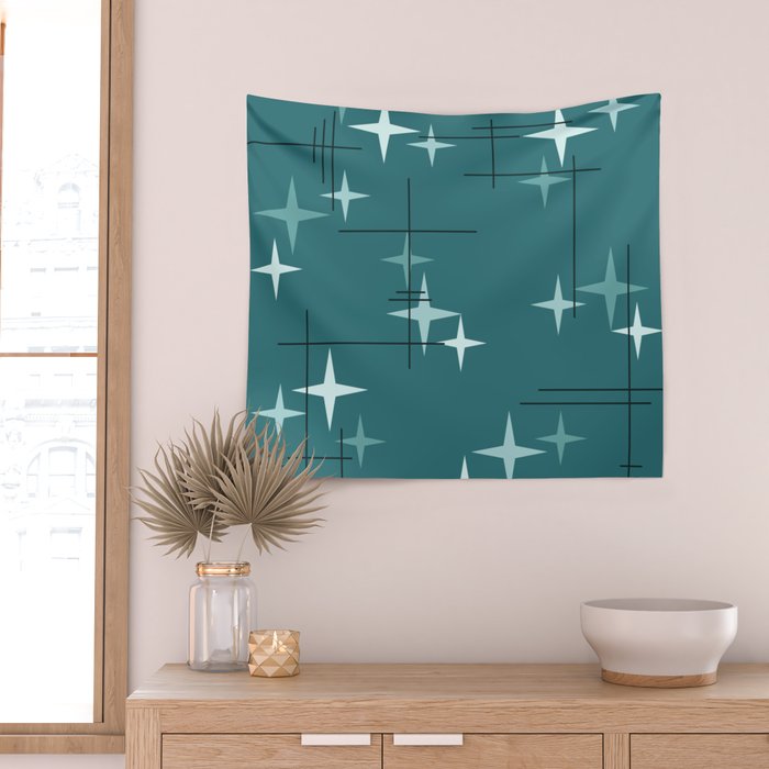 Mid Century Modern Stars (Ocean Green) Wall Tapestry Gallery Image 2