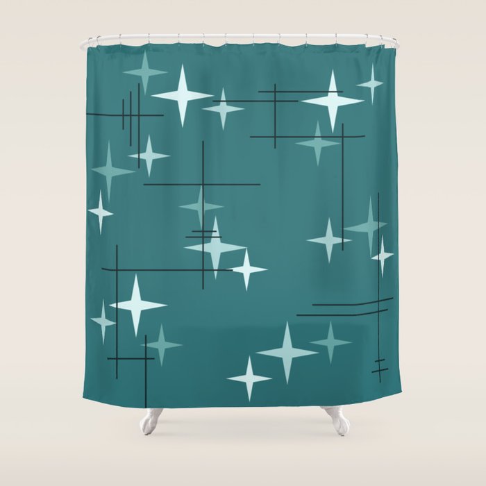 Mid Century Modern Stars (Ocean Green) Shower Curtain Gallery Image 1
