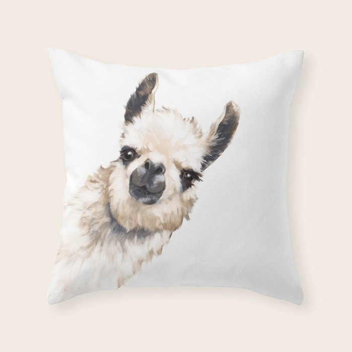 Sneaky Llama White Throw Pillow Gallery Image 1
