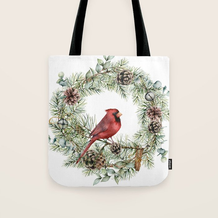 Cardinal Christmas Wreath, Floral Prints Tote Bag Gallery Image 1