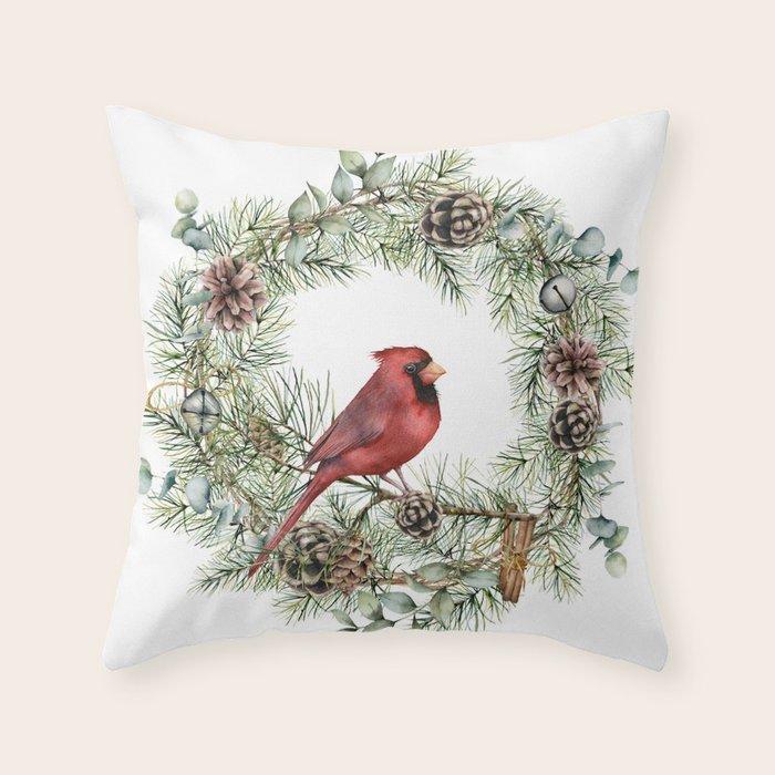 Cardinal Christmas Wreath, Floral Prints Throw Pillow Gallery Image 6