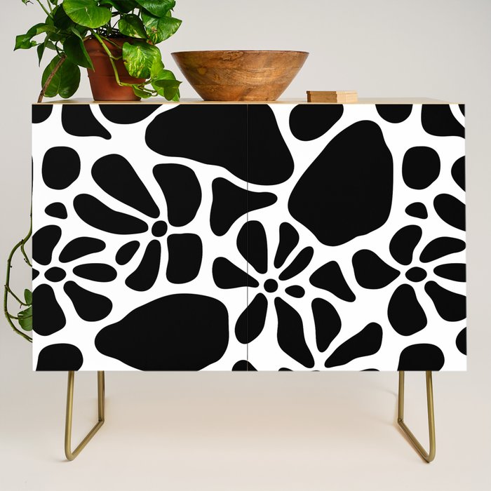 Abstract black and white flower nature art pattern Credenza Gallery Image 1