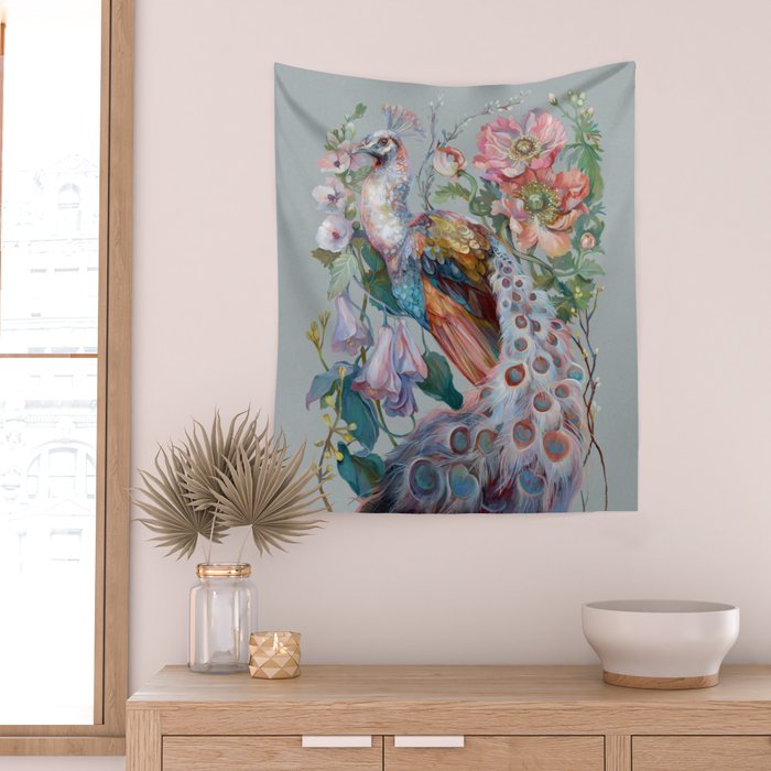 Floral Peacock Garden Wall Tapestry Gallery Image 2
