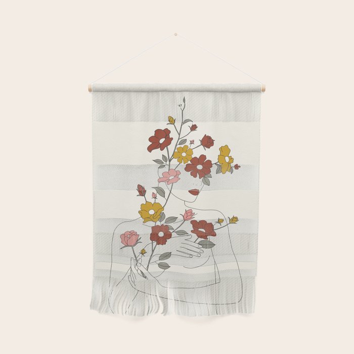 Colorful Thoughts Minimal Line Art Woman with Wild Roses Wall Hanging Gallery Image 1
