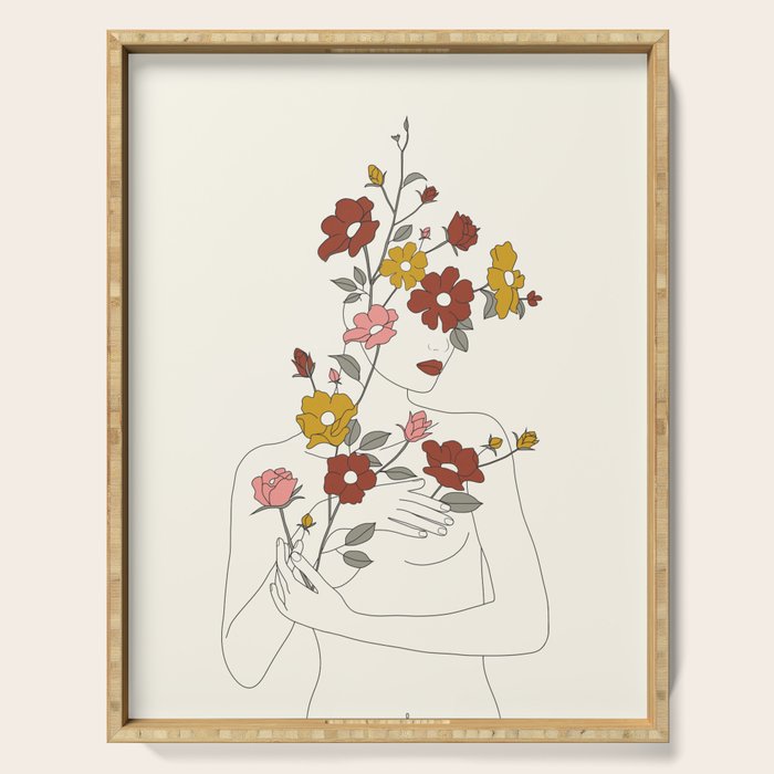 Colorful Thoughts Minimal Line Art Woman with Wild Roses Serving Tray Gallery Image 1