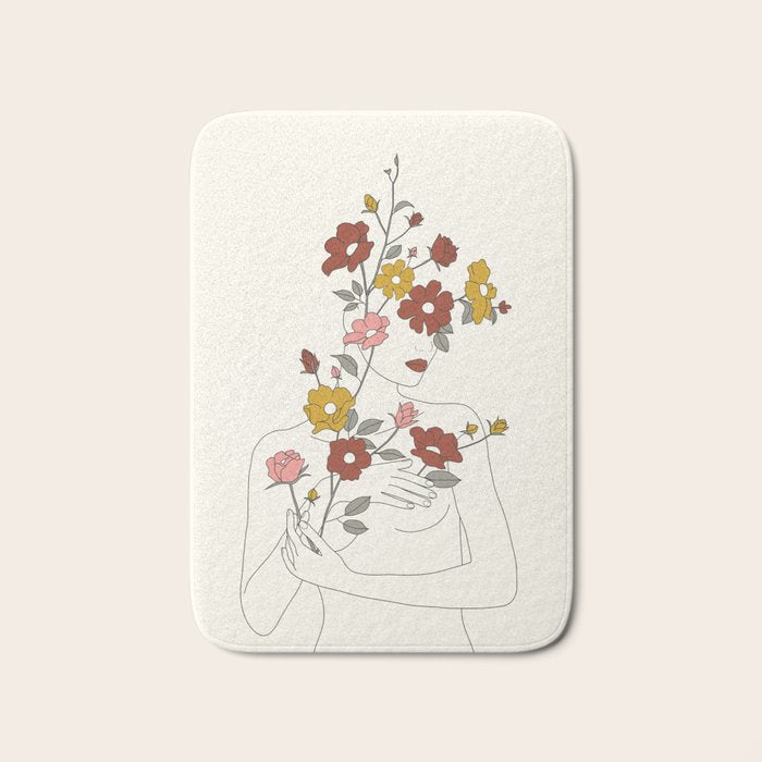Colorful Thoughts Minimal Line Art Woman with Wild Roses Bath Mat Gallery Image 1