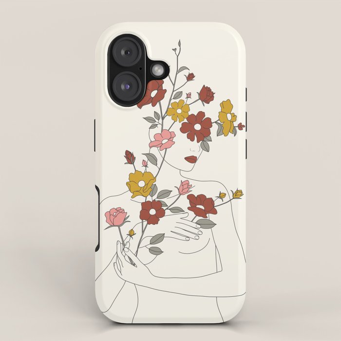 Colorful Thoughts Minimal Line Art Woman with Wild Roses iPhone Case Gallery Image 1