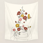 Colorful Thoughts Minimal Line Art Woman with Wild Roses Wall Tapestry Gallery Image 4