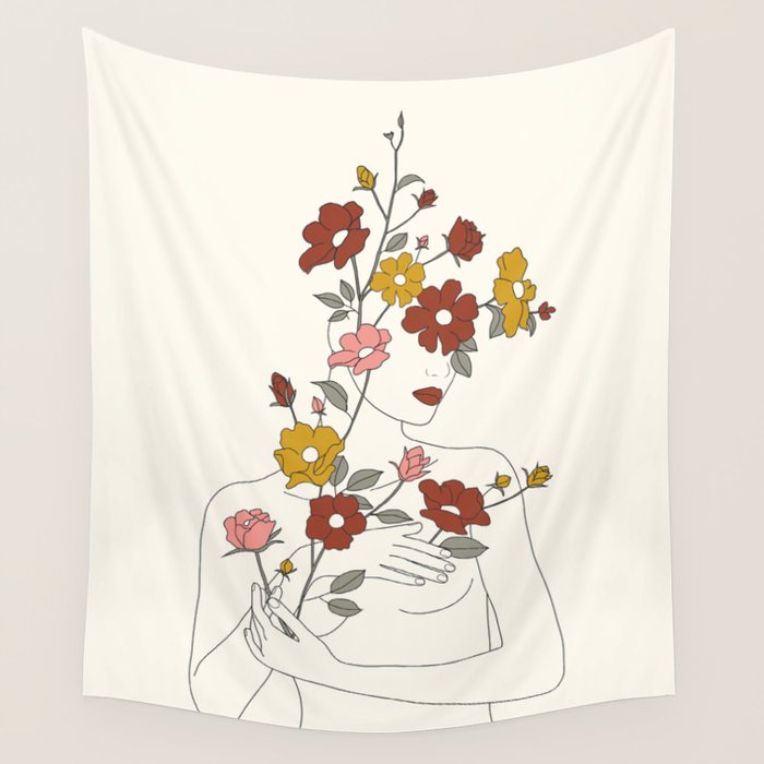 Colorful Thoughts Minimal Line Art Woman with Wild Roses Wall Tapestry Gallery Image 4