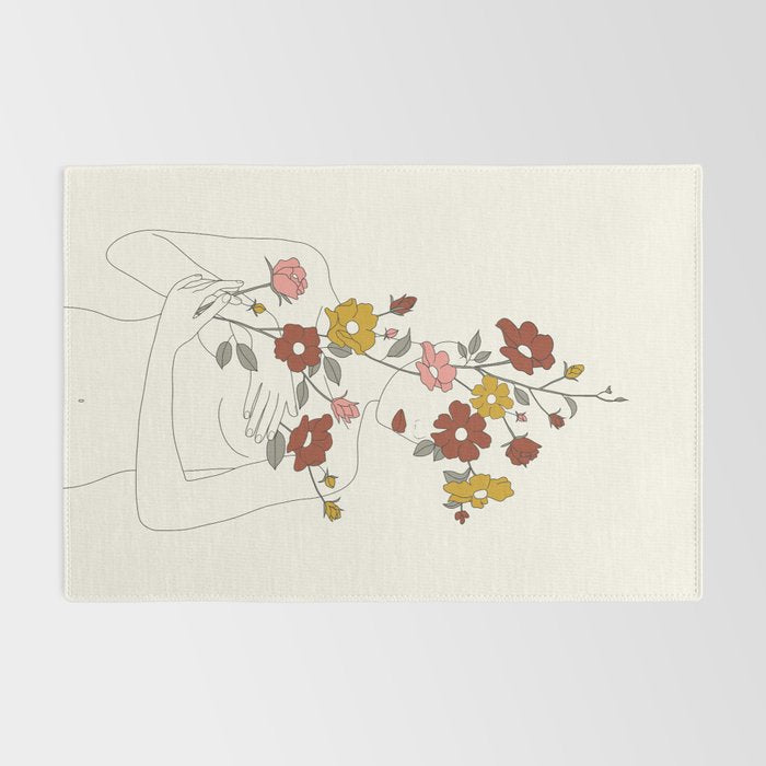 Colorful Thoughts Minimal Line Art Woman with Wild Roses Rug Gallery Image 2