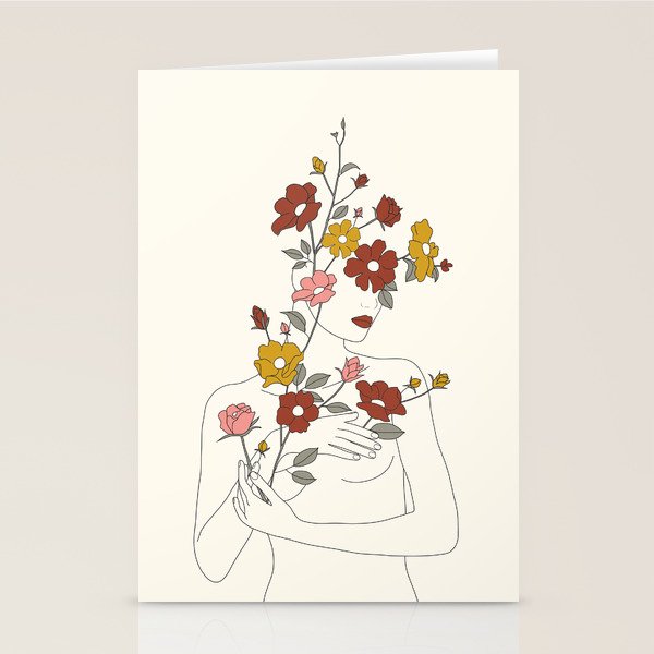 Colorful Thoughts Minimal Line Art Woman with Wild Roses Stationery Card Gallery Image 1