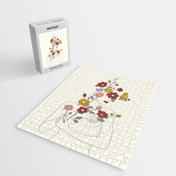 Colorful Thoughts Minimal Line Art Woman with Wild Roses Jigsaw Puzzle Gallery Image 2