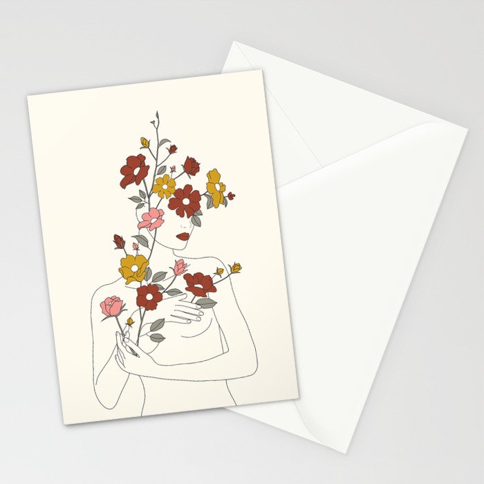 Colorful Thoughts Minimal Line Art Woman with Wild Roses Stationery Card Gallery Image 2