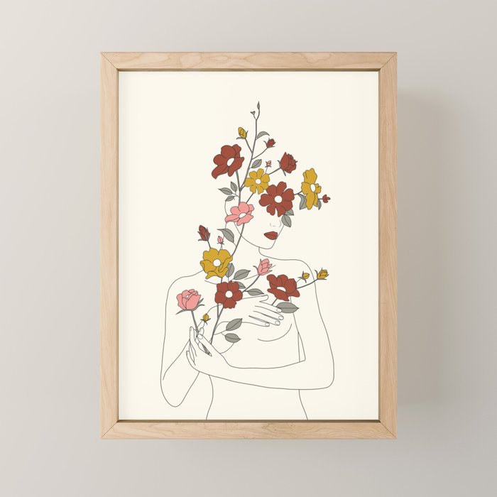 Colorful Thoughts Minimal Line Art Woman with Wild Roses Mini Art Print Gallery Image 1