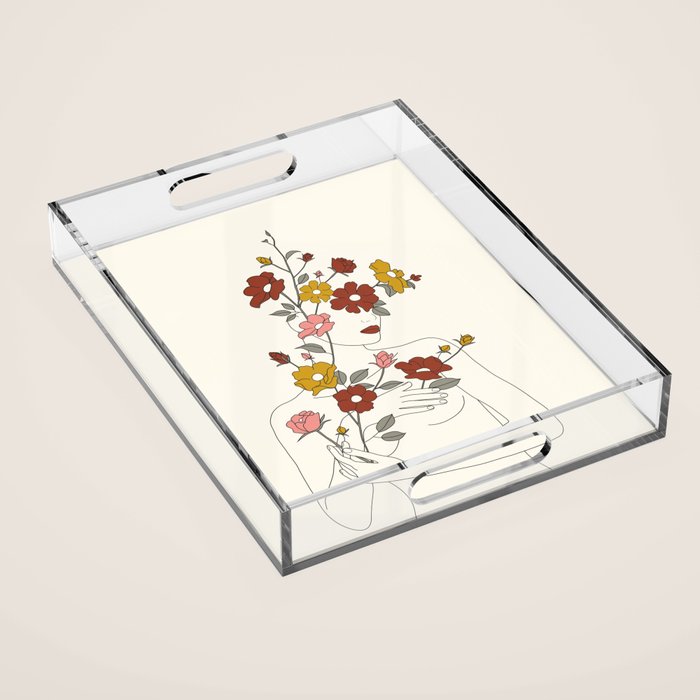 Colorful Thoughts Minimal Line Art Woman with Wild Roses Acrylic Tray Gallery Image 1