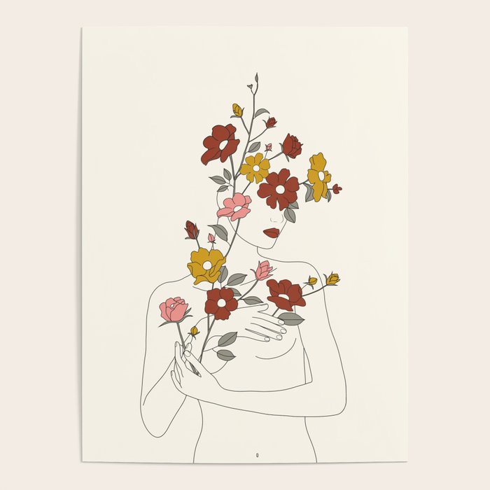 Colorful Thoughts Minimal Line Art Woman with Wild Roses Poster Gallery Image 1
