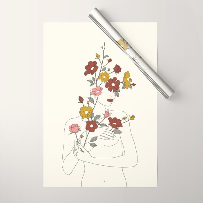 Colorful Thoughts Minimal Line Art Woman with Wild Roses Wrapping Paper Gallery Image 1
