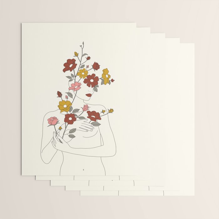 Colorful Thoughts Minimal Line Art Woman with Wild Roses Wrapping Paper Gallery Image 3