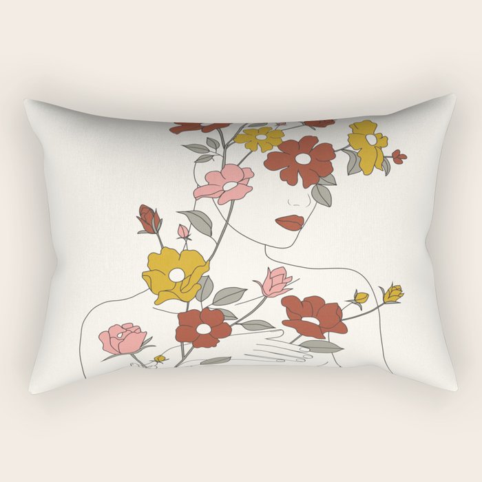 Colorful Thoughts Minimal Line Art Woman with Wild Roses Rectangular Pillow Gallery Image 2