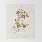 Colorful Thoughts Minimal Line Art Woman with Wild Roses Throw Blanket Gallery Image 2