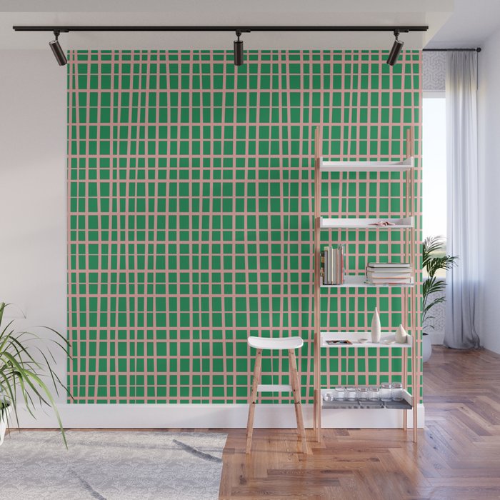 Irregular Grid Pattern in Green and Pink Wall Mural Gallery Image 1