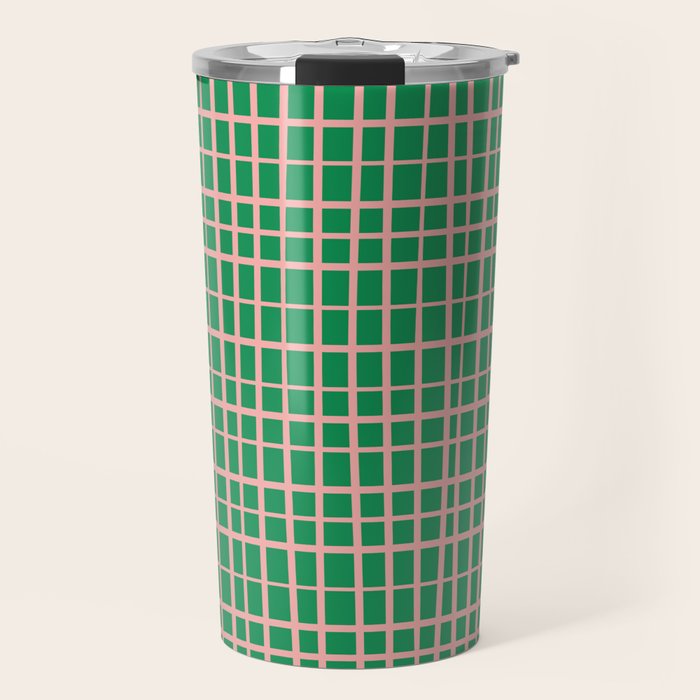 Irregular Grid Pattern in Green and Pink Travel Mug Gallery Image 1