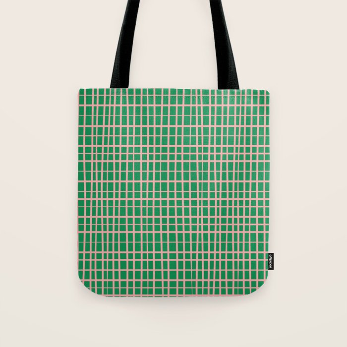 Irregular Grid Pattern in Green and Pink Tote Bag Gallery Image 1