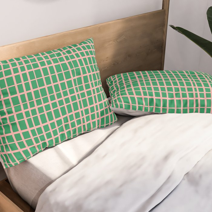 Irregular Grid Pattern in Green and Pink Pillow Sham Gallery Image 2