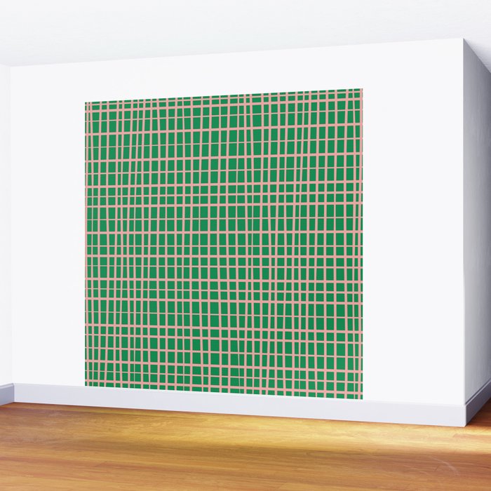 Irregular Grid Pattern in Green and Pink Wall Mural Gallery Image 2