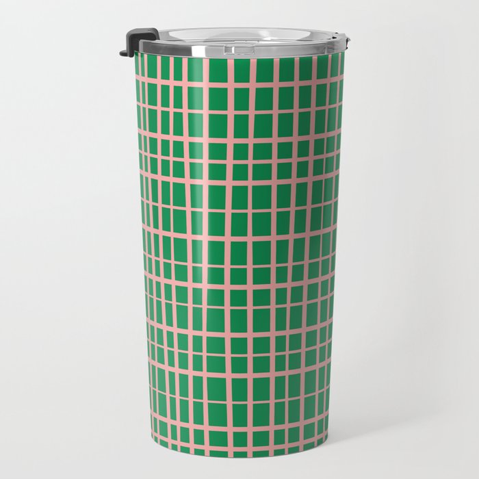 Irregular Grid Pattern in Green and Pink Travel Mug Gallery Image 3
