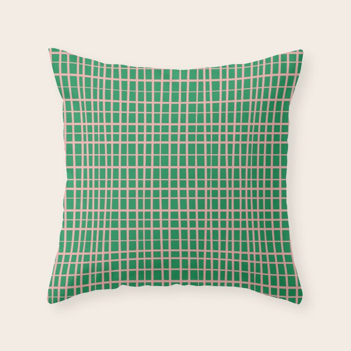 Irregular Grid Pattern in Green and Pink Throw Pillow Gallery Image 1