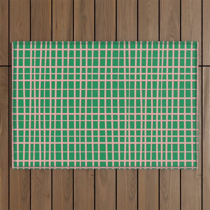 Irregular Grid Pattern in Green and Pink Outdoor Rug Gallery Image 1