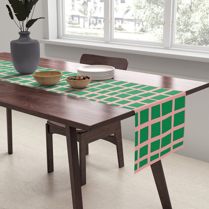 Irregular Grid Pattern in Green and Pink Table Runner Gallery Image 2
