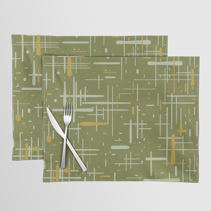 Mid-Century Modern Kinetikos Pattern Olive Green Mustard Gold Celadon Placemat Gallery Image 1