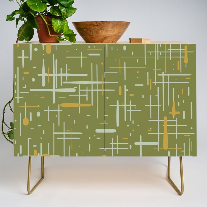 Mid-Century Modern Kinetikos Pattern Olive Green Mustard Gold Celadon Credenza Gallery Image 1