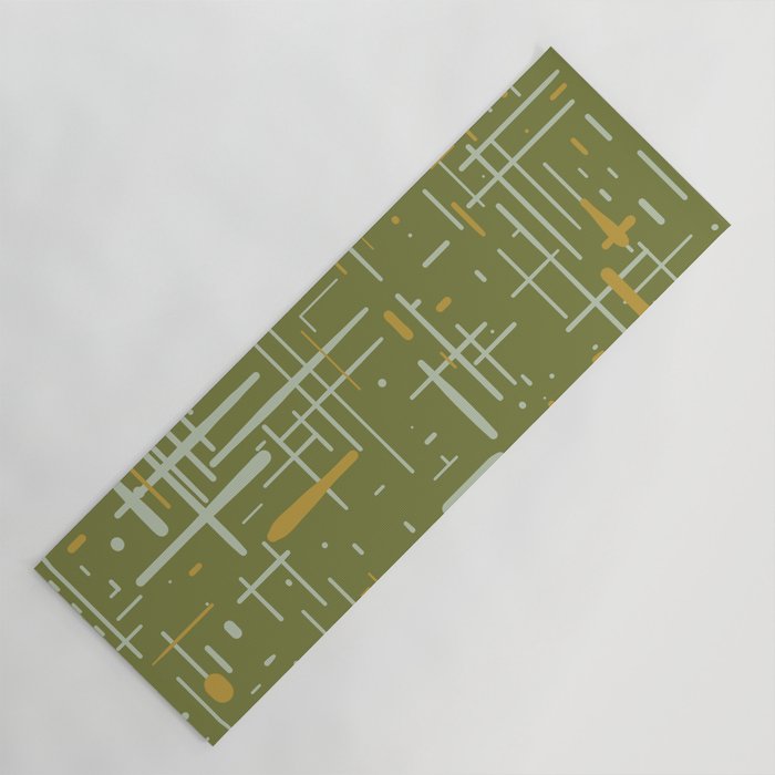 Mid-Century Modern Kinetikos Pattern Olive Green Mustard Gold Celadon Yoga Mat Gallery Image 1