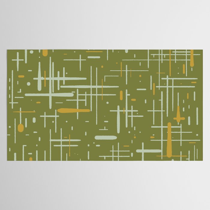 Mid-Century Modern Kinetikos Pattern Olive Green Mustard Gold Celadon Tablecloth Gallery Image 2